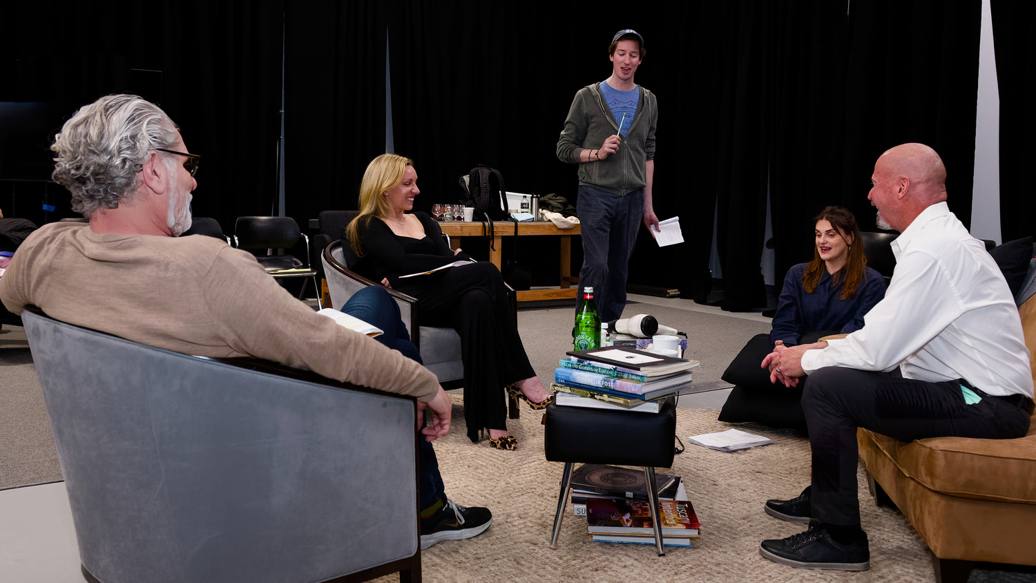 Director John Kroft talks to the cast, from left, Edward Kassar, Rachel Feldman, Daniela Mastropietro and Joe Pallister, during rehearsals ofYasmina Reza's play “God of Carnage” which runs May 1 to May 11 at LTV Studios. PHIL MERRITT