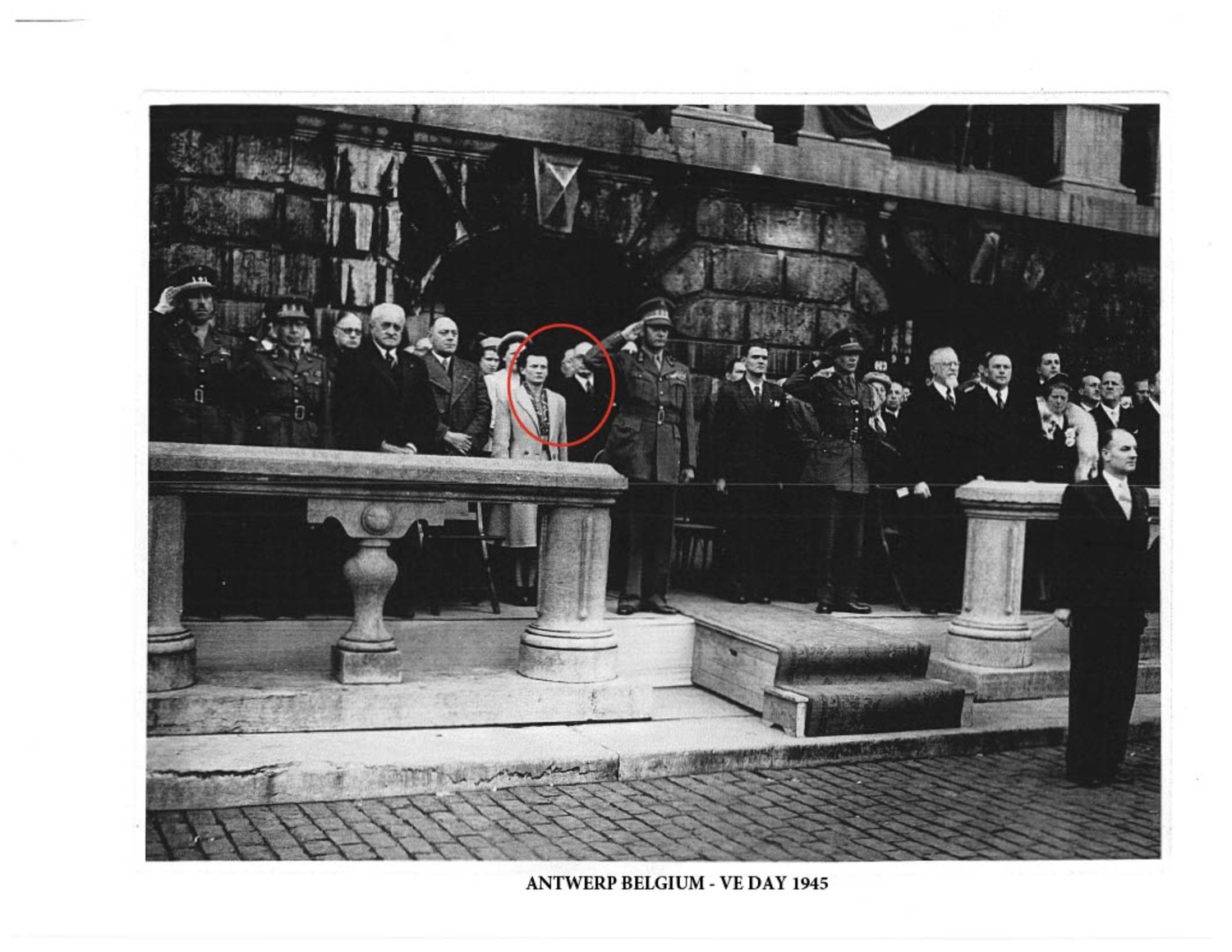 East Hampton Village Treasurer Dominique Cummings' mother and grandfather, circled in red, on V-E Day in Antwerp in 1945. COURTESY EAST HAMPTON VILLAGE