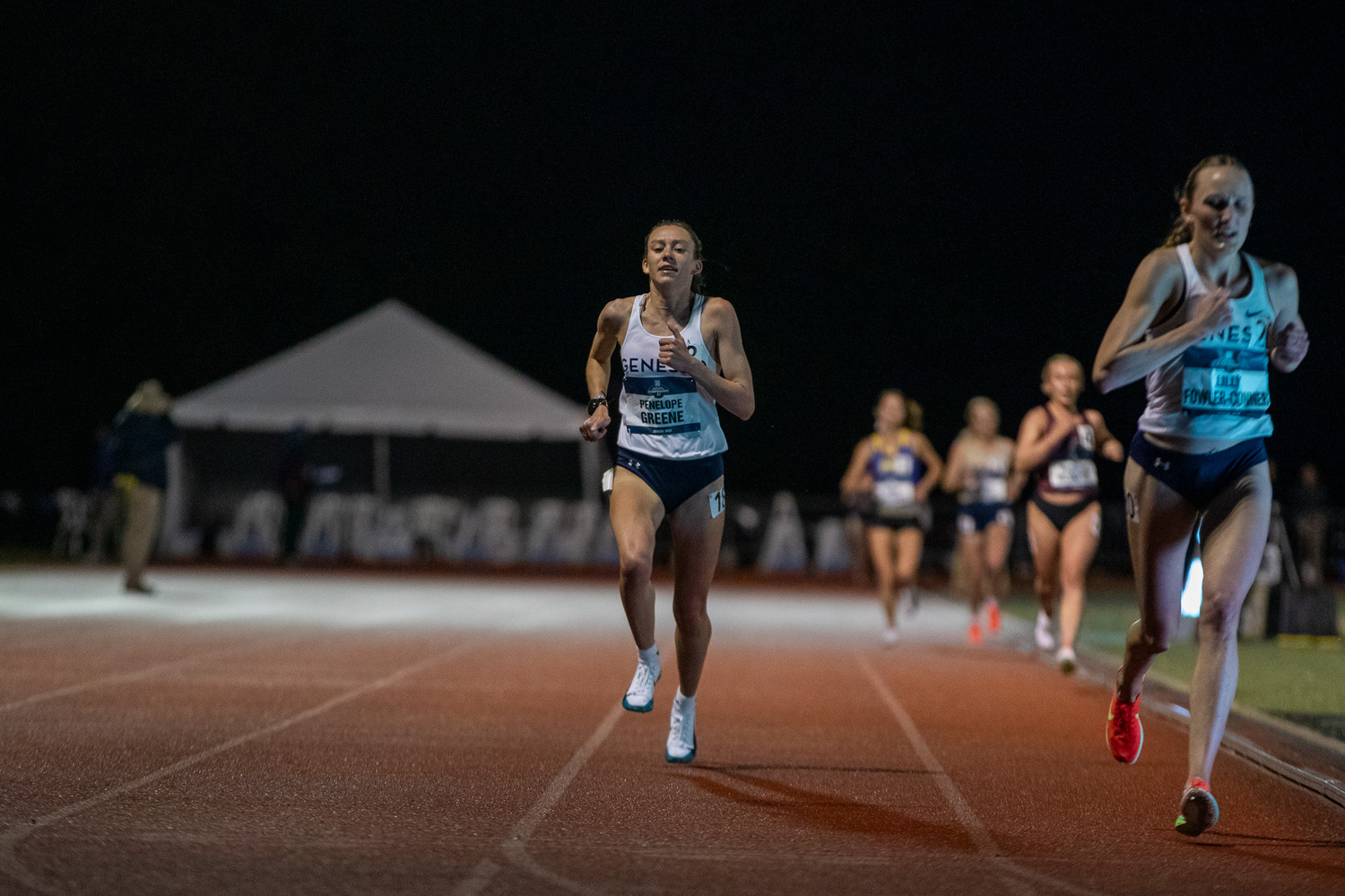 Penelope Greene leads the 10K at the NCAA Division III Championships at SPIRE Institute's Outdoor Track and Field facility in Geneva, Ohio.  CORIE HOLDING