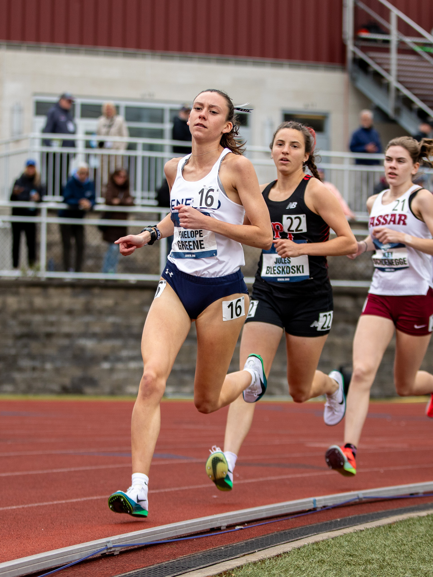Penelope Greene leads the 5K at the NCAA Division III Championships at SPIRE Institute's Outdoor Track and Field facility in Geneva, Ohio.  CORIE HOLDING