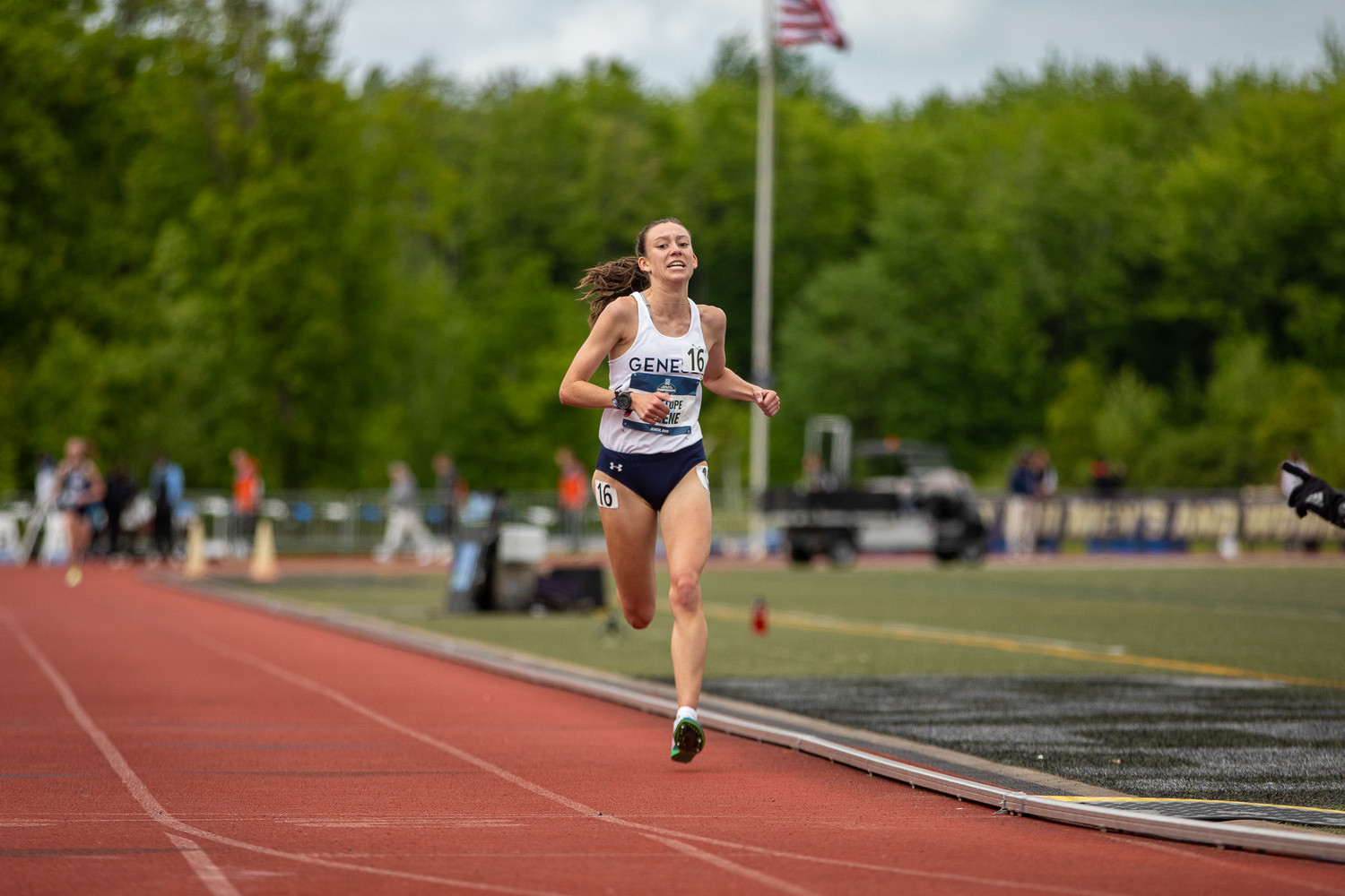 Penelope Greene leads the 5K at the NCAA Division III Championships at SPIRE Institute's Outdoor Track and Field facility in Geneva, Ohio.  CORIE HOLDING