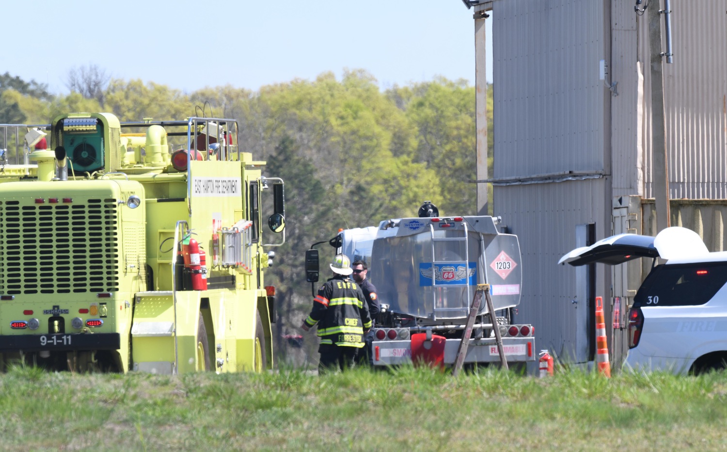 A fuel truck caught fire at East Hampton Airport on Thursday, May 8, but the town said the fire has been extinguished and the situation is under control. DOUG KUNTZ