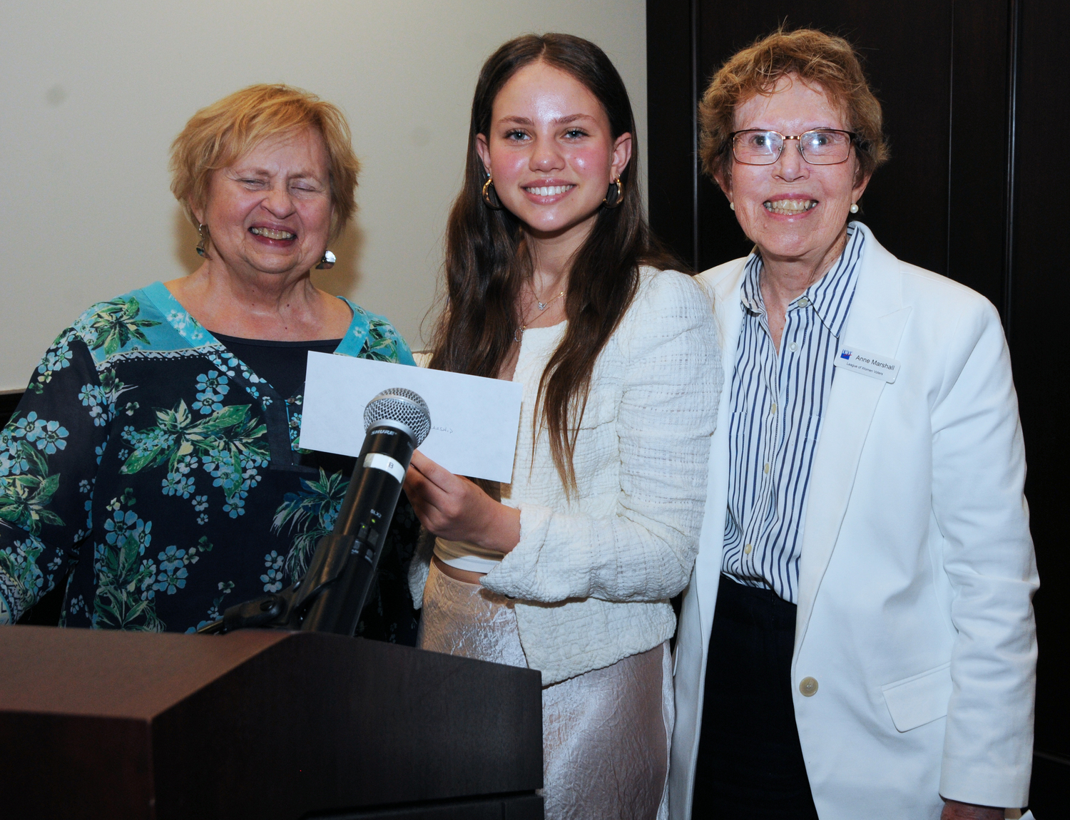 Susan Wilson,Maya Molin and Anne Marshall at the 48th Annual Meeting of The League of Women Voters of the Hamptons, Shelter Island & the North Fork. Maya Molin received the $2,000 League of Women Voters Betty Desch Student Leadership Scholarship and Chris DiSunno was presented the coveted Susan B. Anthony Shawl Award.  RICHARD LEWIN