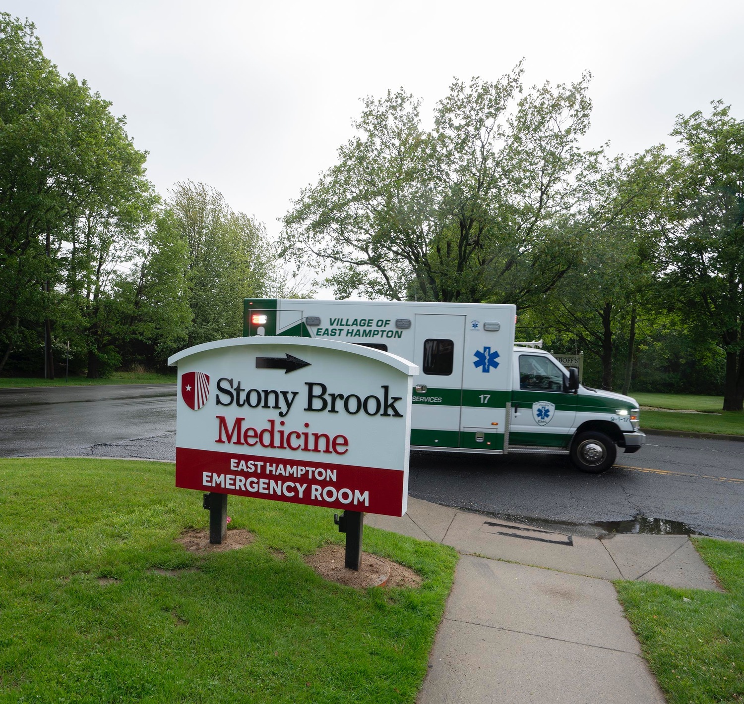 An ambulance arrives to the new Stony Brook East Hampton Emergency Department on opening day, May 22. DOUG KUNTZ