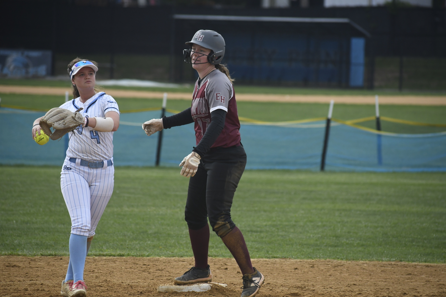 Susie DiSunno stands on second base after her run-scoring double in the top of the fourth inning open the game's scoring.  DREW BUDD