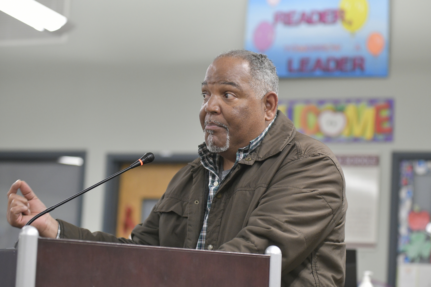 Preston Brown speaks at Tuesday night's Southampton Board of Education meeting.  DANA SHAW