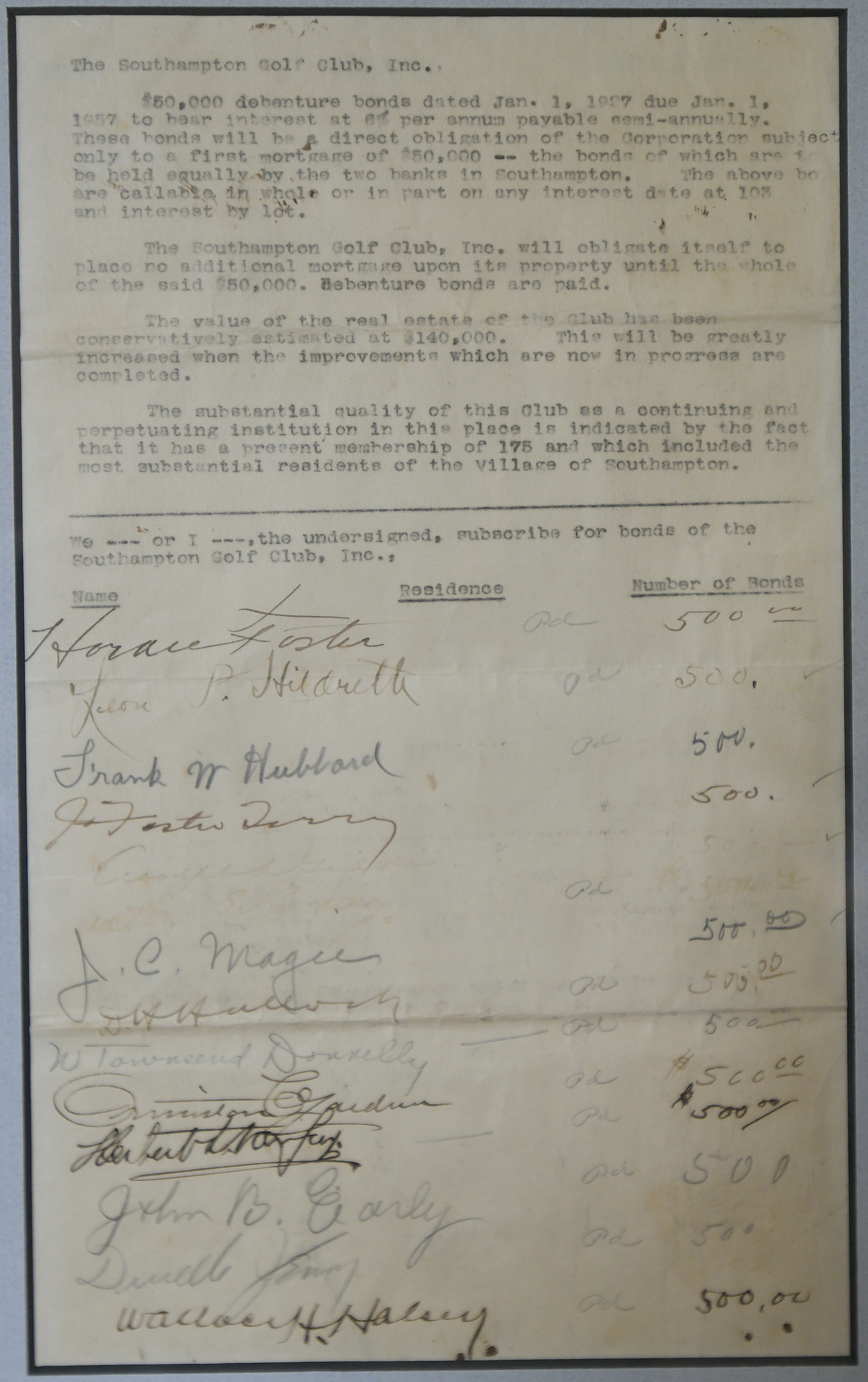 The note for the Southampton Golf Club from 1927.