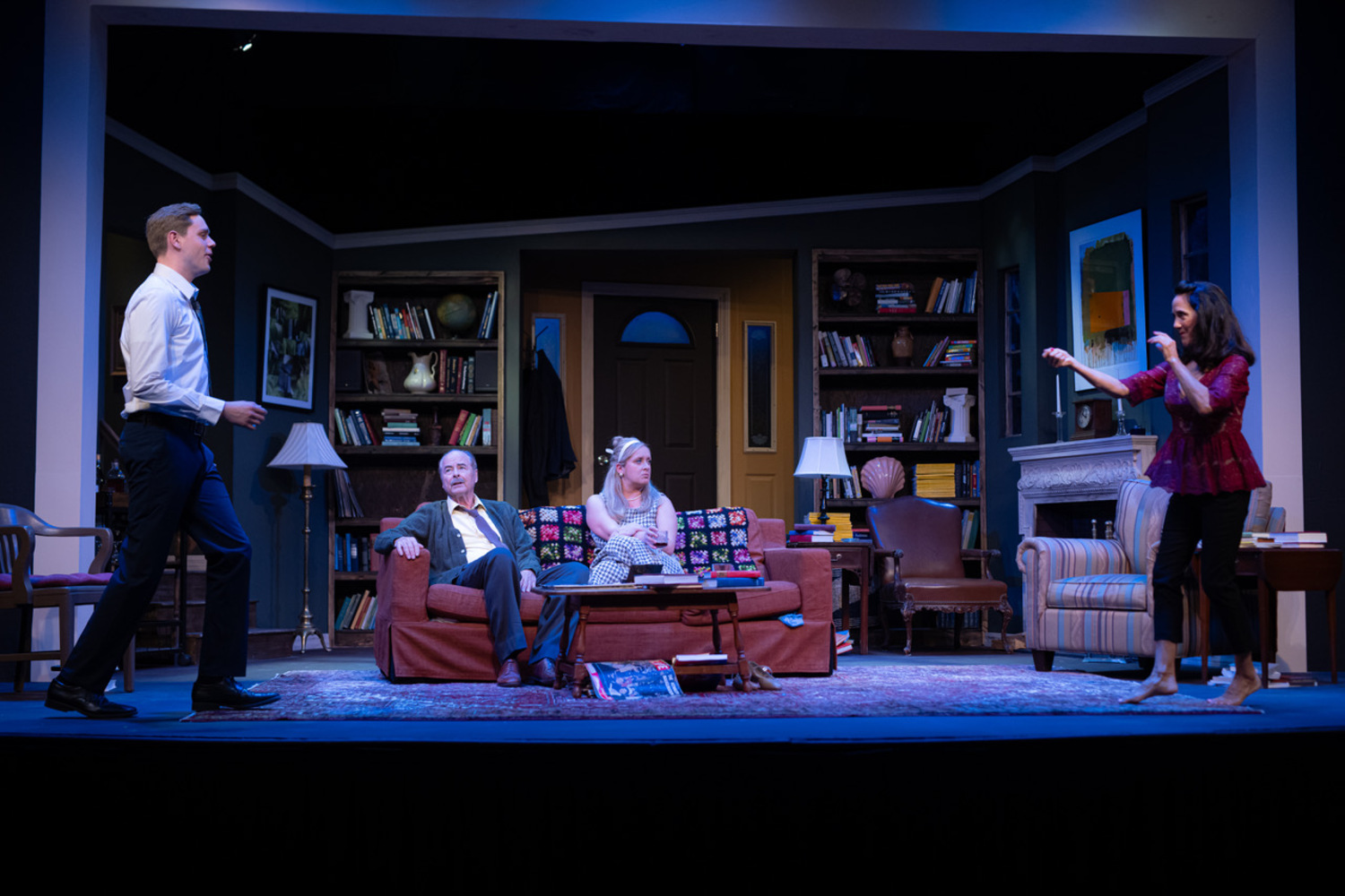Cameron Eastland (as Nick), Andrew Botsford (as George), Amanda Griemsmann (as Honey) and Rosemary Cline (as Martha) in rehearsal for Edward Albee's “Who’s Afraid is Virginia Woolf?