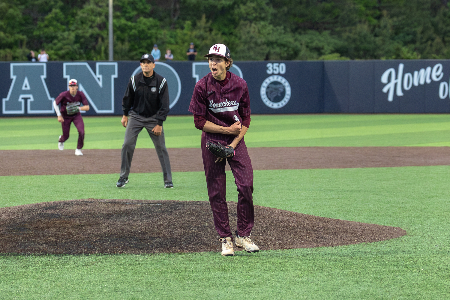 Tyler Hansen is pumped up after striking out the final batter of the game in the bottom of the ninth inning on Tuesday evening to punch the Bonackers' tickets to the county championship.  RON ESPOSITO