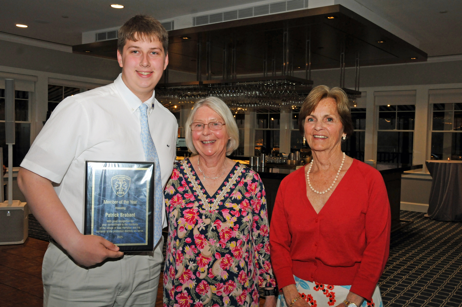East Hampton Village EMS member Patrick Brabant was awarded Member of the Year at the East Hampton Village Emergency Medical Service's annual awards dinner on May 2 at South Fork Country Club with Mr. Brabant are Chief Mary Mott and 1st Assistant Chief Mary Ellen McGuire.  RICHARD LEWIN