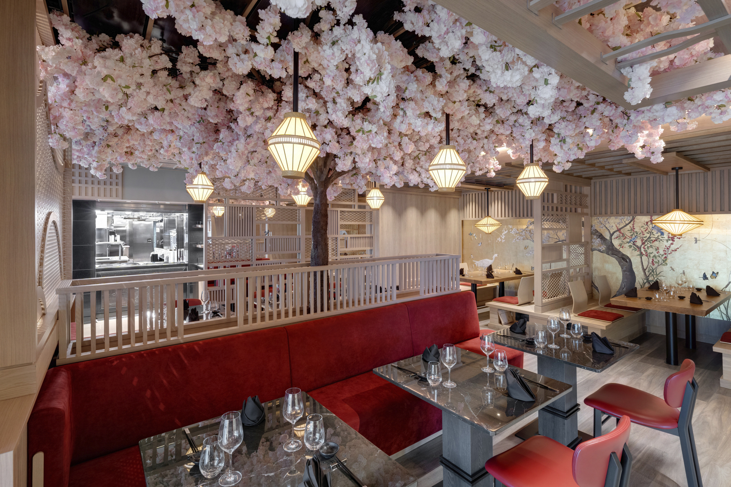 Sakura, the pan-Asian restaurant on the Explora, features cherry blossoms growing from the ceiling. Courtesy Explora Journeys