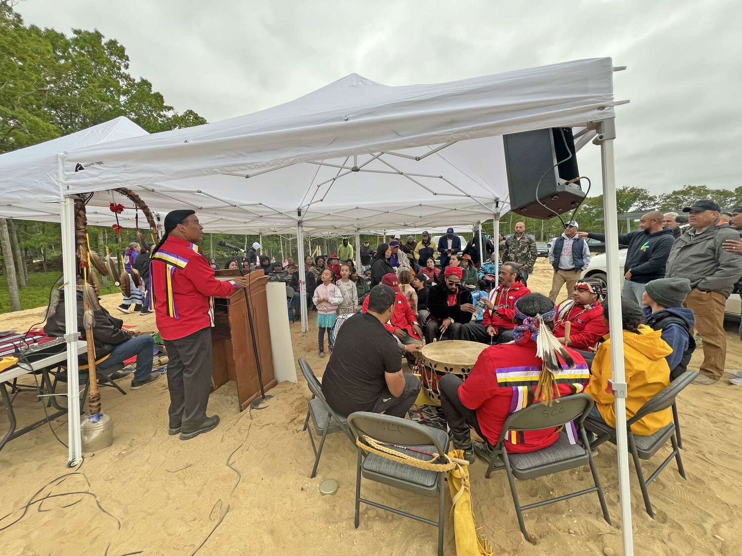 Members of the Shinnecock Nation gathered at 13 Indian Road in Hampton Bays on Wednesday to celebrate the reclamation of the first piece of aboriginal land in 400 years.   DANA SHAW