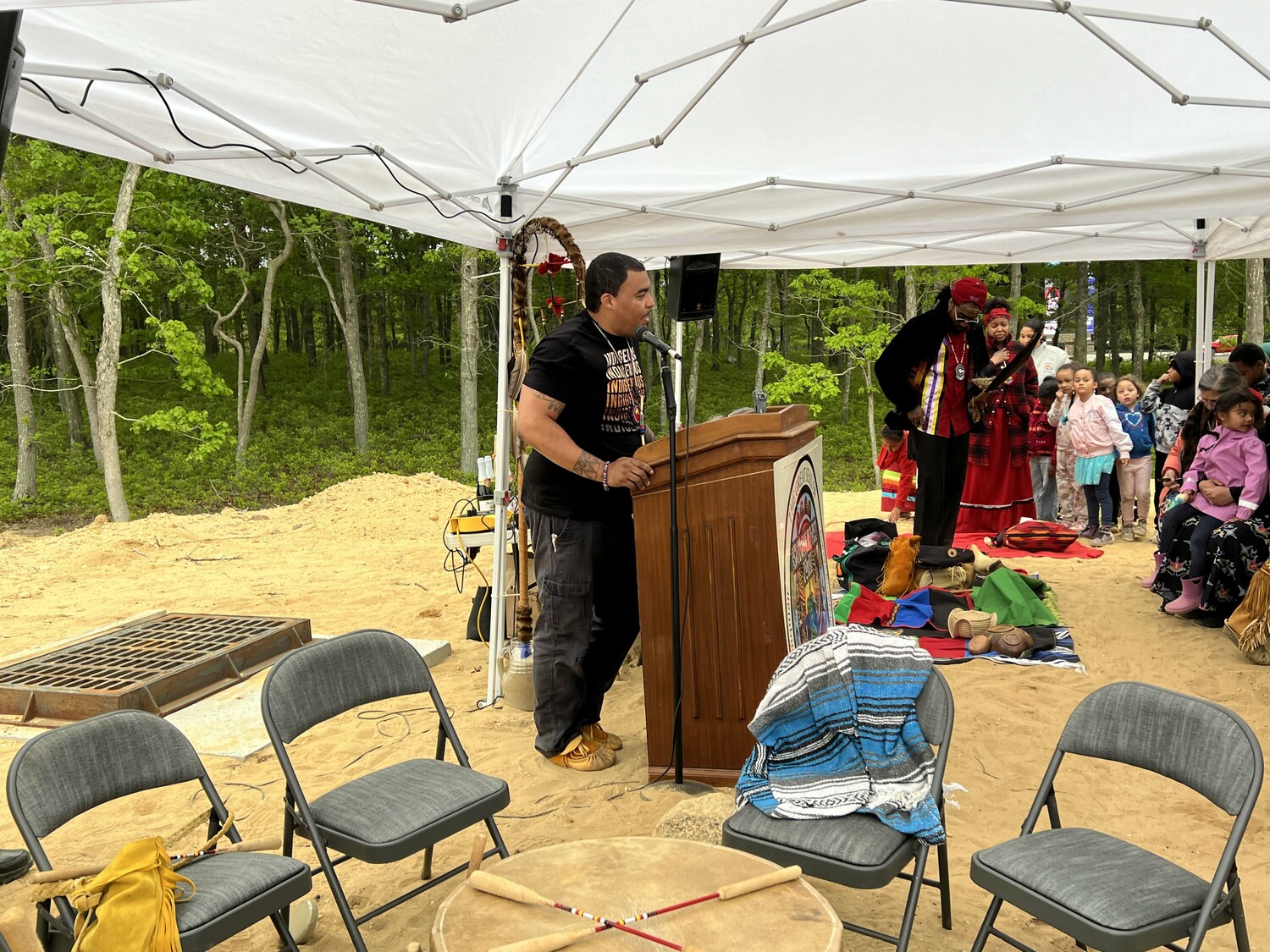Members of the Shinnecock Nation gathered at 13 Indian Road in Hampton Bays on Wednesday to celebrate the reclamation of the first piece of aboriginal land in 400 years.   DANA SHAW