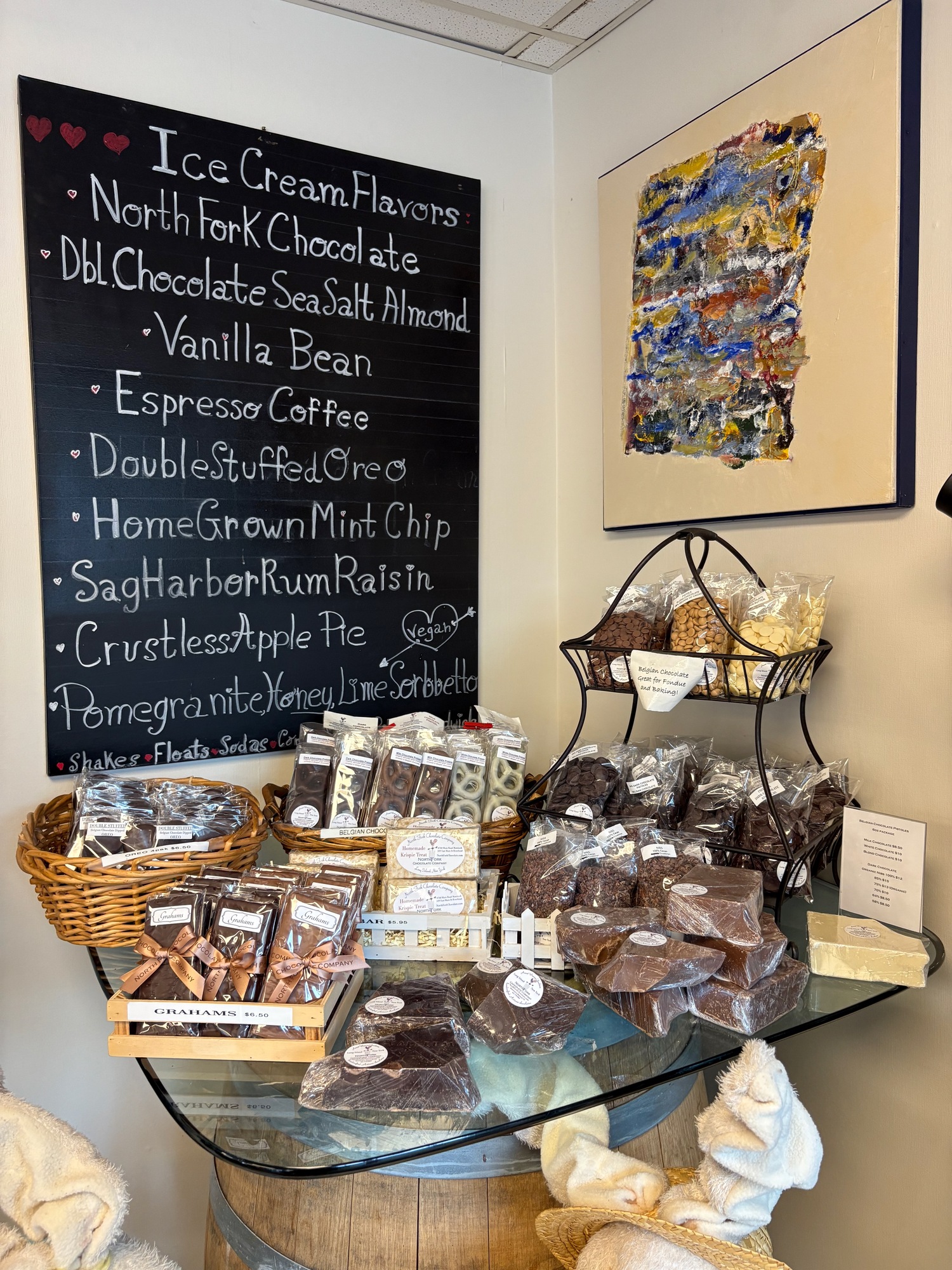 A cozy nook in the Mattituck shop displays chocolate products and ice-cream flavors. Christine Sampson photo