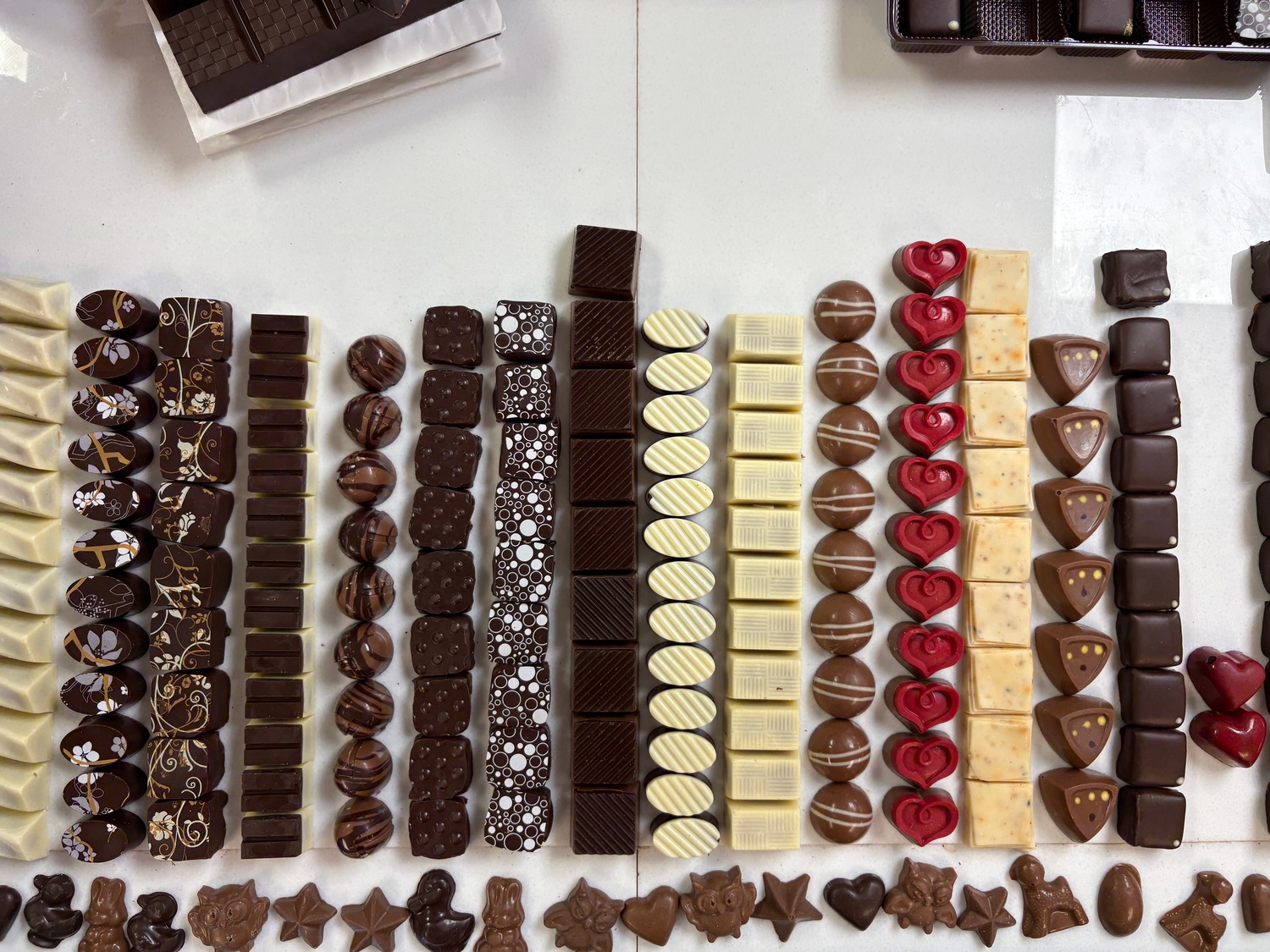 Rows of bonbons in lively shapes, colors, and designs await customers at both of North Fork Chocolate Company’s locations.