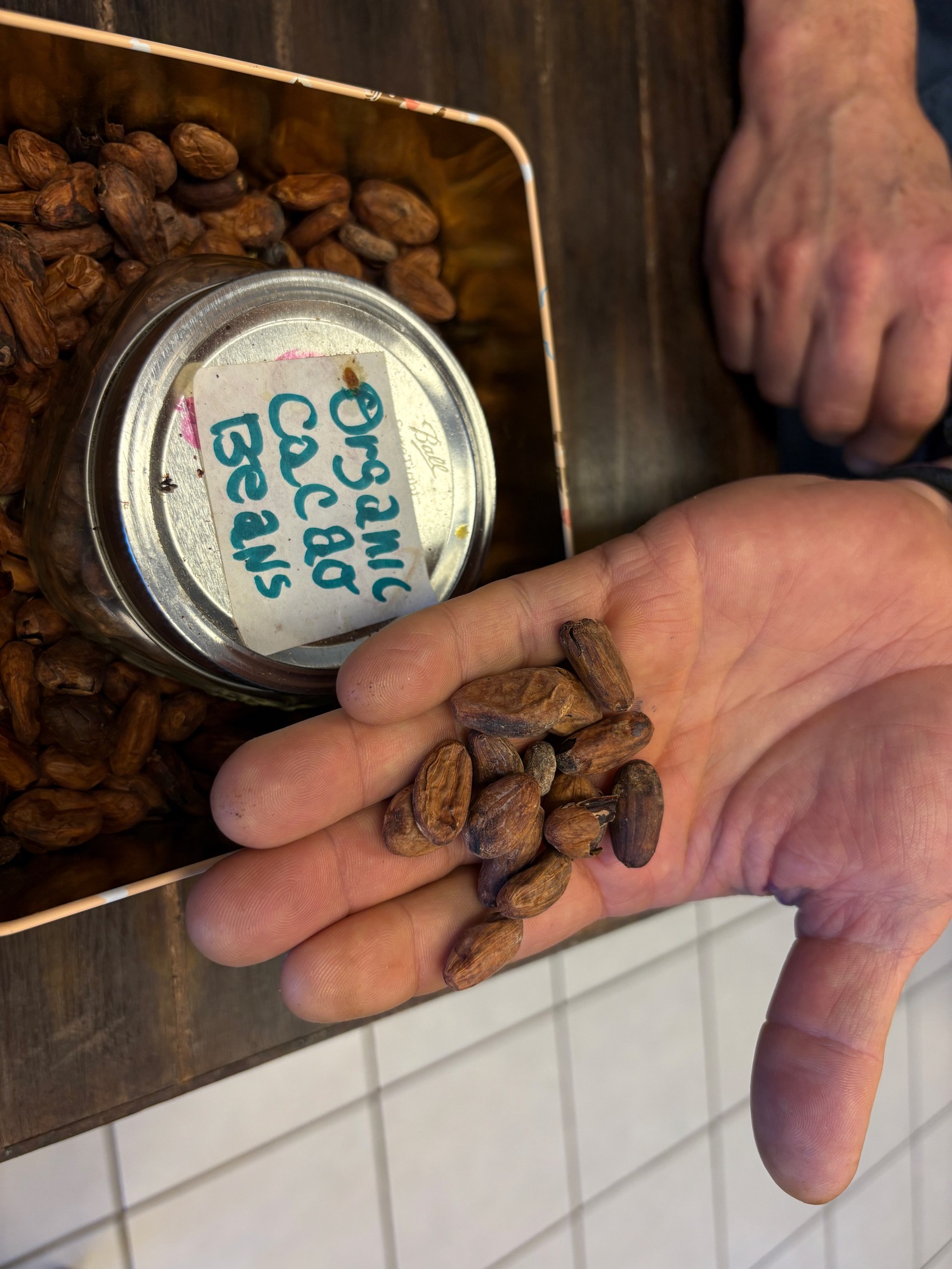 Amaral displayed some of the cacao beans from which the North Fork Chocolate Company’s most popular ice creams are made.