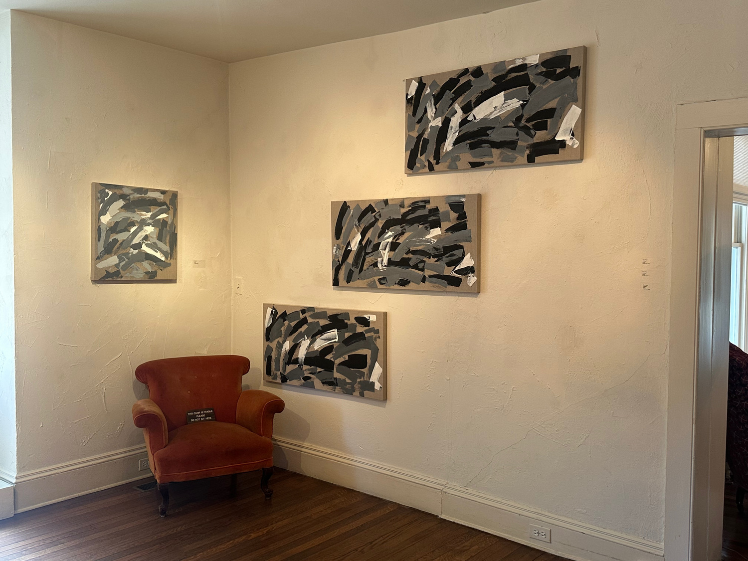 An installation view of Eric Haze's abstract works at Pollock-Krasner House. The paintings were created during the artist's 2020 residency at Elaine de Kooning House. ANNETTE HINKLE