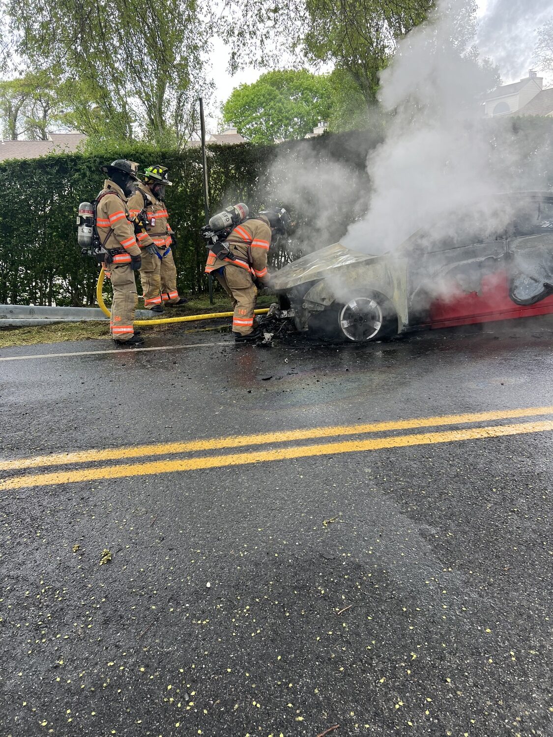 A car was destroyed by fire in Water Mill on Friday morning. Firefighters from the Southampton Fire Department extinguished the blaze. The driver escaped unharmed.