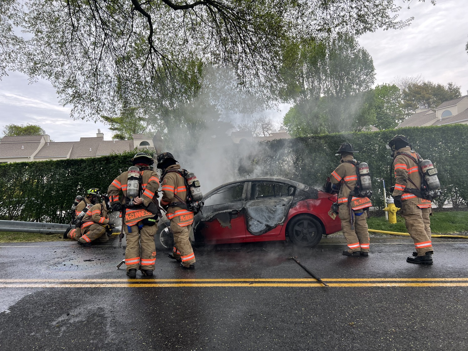 A car was destroyed by fire in Water Mill on Friday morning. Firefighters from the Southampton Fire Department extinguished the blaze. The driver escaped unharmed.