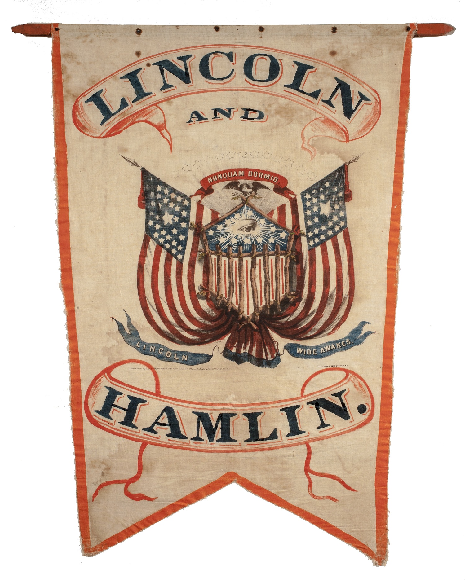 A Lincoln/Hamlin parade banner, circa 1860. COURTESY JOHN MONSKY