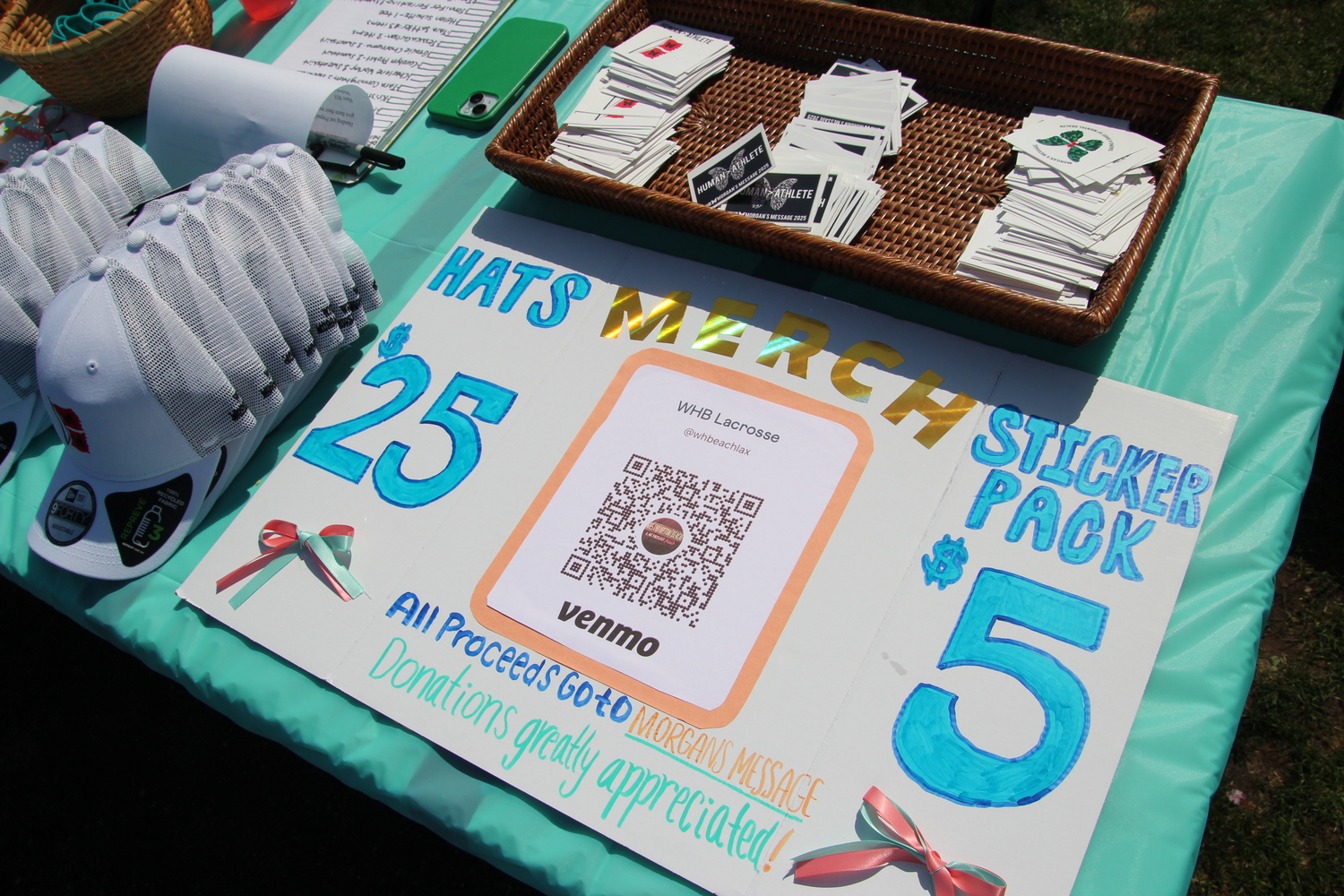 Westhampton Beach X Morgan's Message merchandise designed by junior defender Dagny Beasley was sold during the girls lacrosse team's May 2 game against Rocky Point. Merchandise is also being sold online to raise money for the nonprofit focused on tackling athlete mental health. MARY BEASLEY