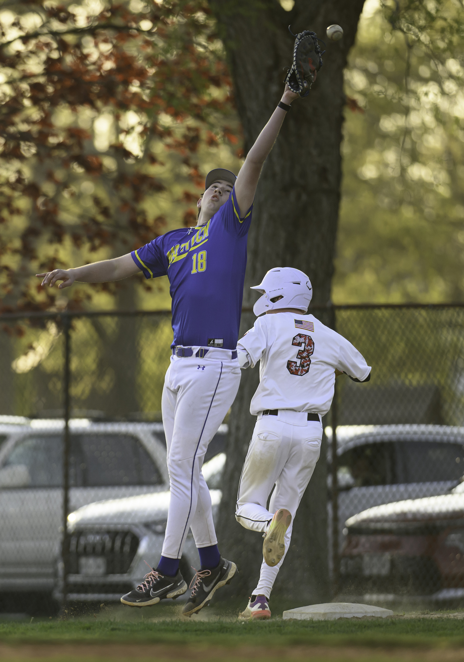 Max Krotman beats out a throw at first base in the eighth inning.   MARIANNE BARNETT