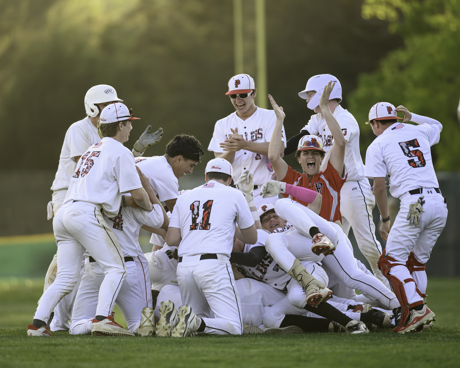 The Whalers celebrate their 2-1 walk-off win over Mattituck on Friday.   MARIANNE BARNETT