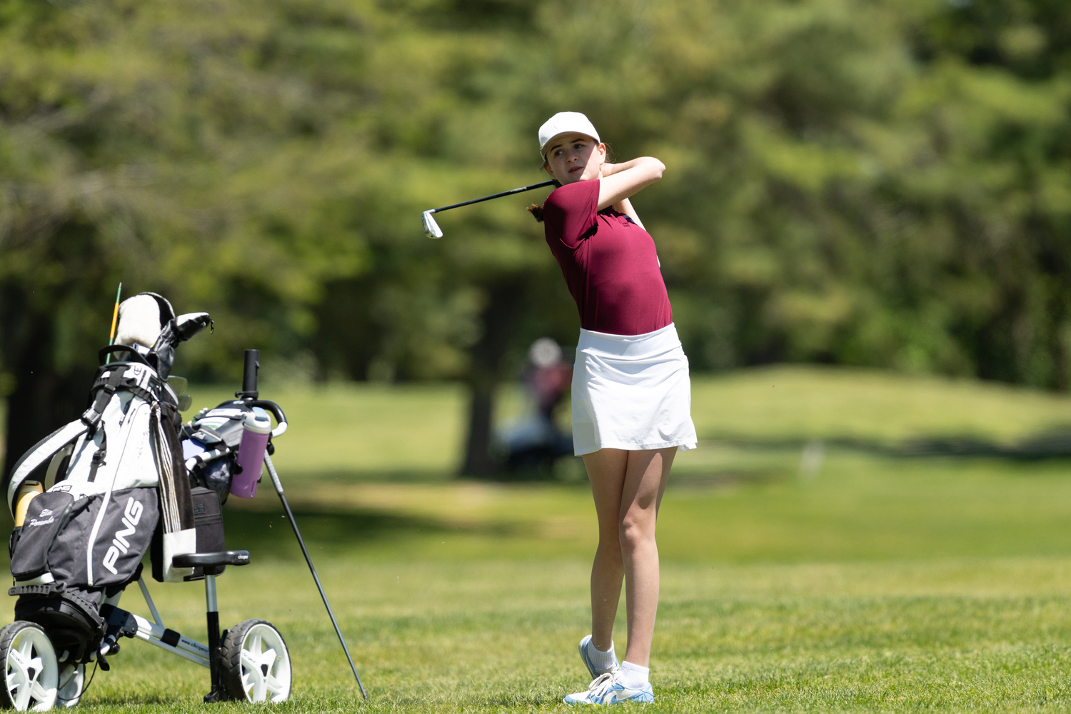 Elie Poremba plays at the Section XI Championships at Middle Island Country Club on Tuesday.  RON EPSOSITO