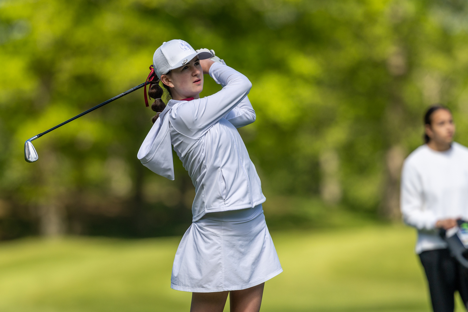 Elie Poremba plays at the Section XI Championships at Middle Island Country Club on Tuesday morning.   RON ESPOSITO