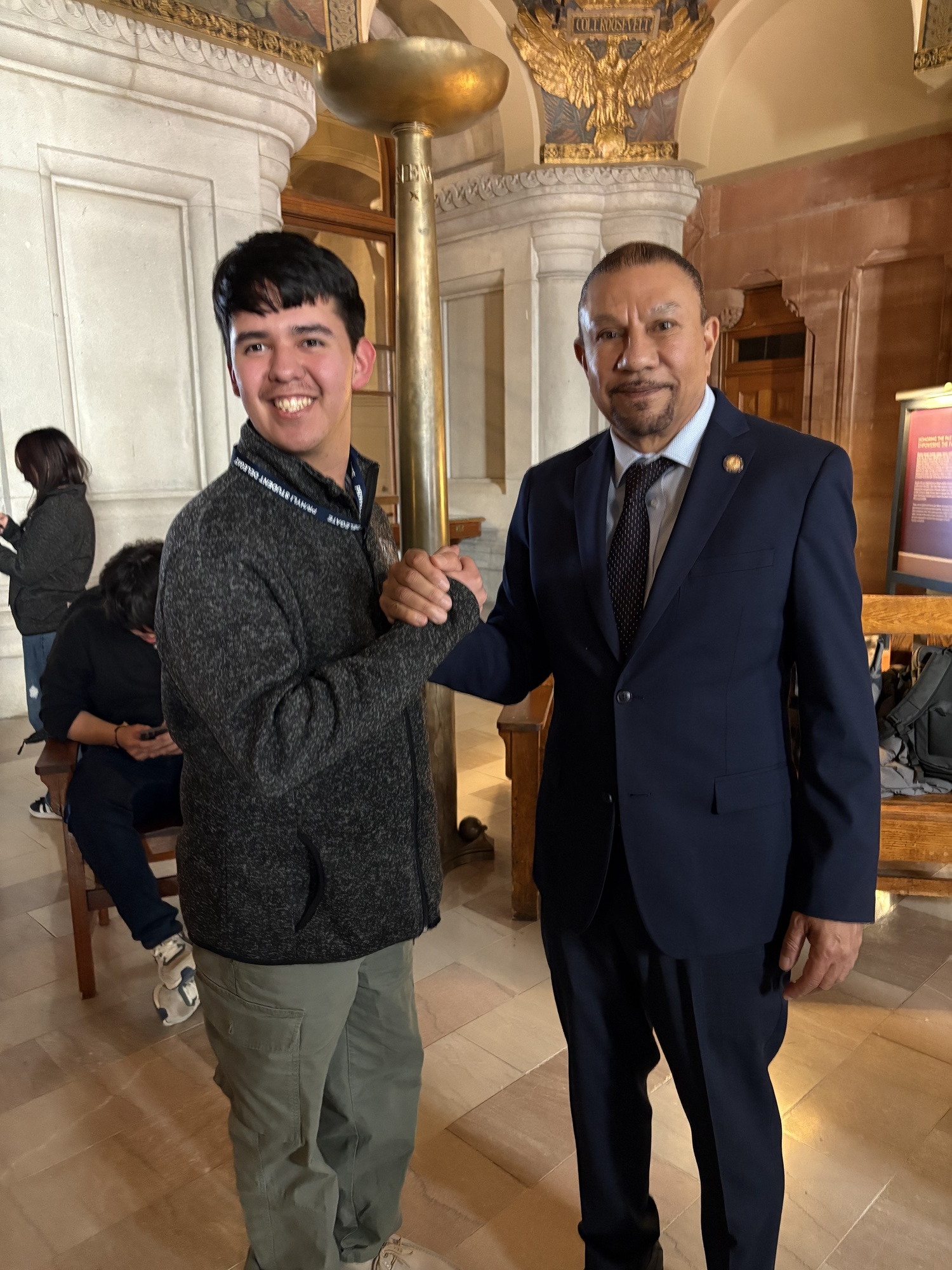 Southampton High School senior Carlos Bernal Mendoza was recently selected to participate in the Angelo Del Toro Puerto Rican/Hispanic Youth Leadership.  Institute. With him is Assemblyman Phil Ramos. COURTESY SOUTHAMPTON HIGH SCHOOL