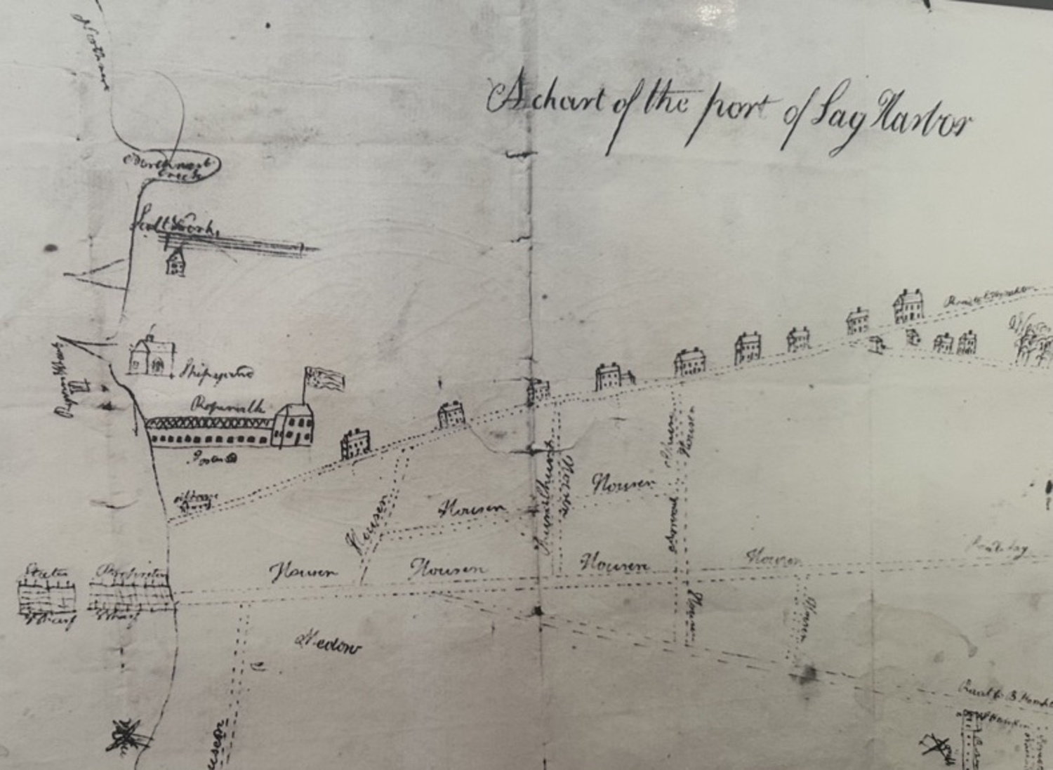 A Sag Harbor map from 1810 showing features such as the rope walk, shipyard and oil house. COURTESY SAG HARBOR WHALING MUSEUM