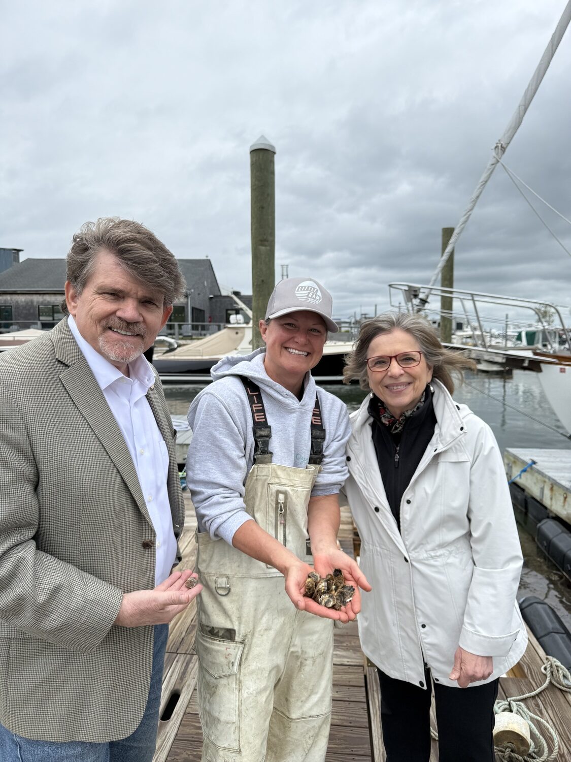 New York State Assemblyman Tommy John Schiavoni recently hosted a farm tour on the East End for officials. It included a stop at Little Ram Oyster. COURTESY OFFICE OF TOMMY JOHN SCHIAVONI