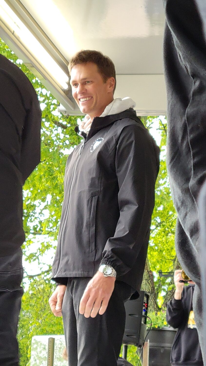 Tom Brady takes the stage in East Hampton.  DREW BUDD