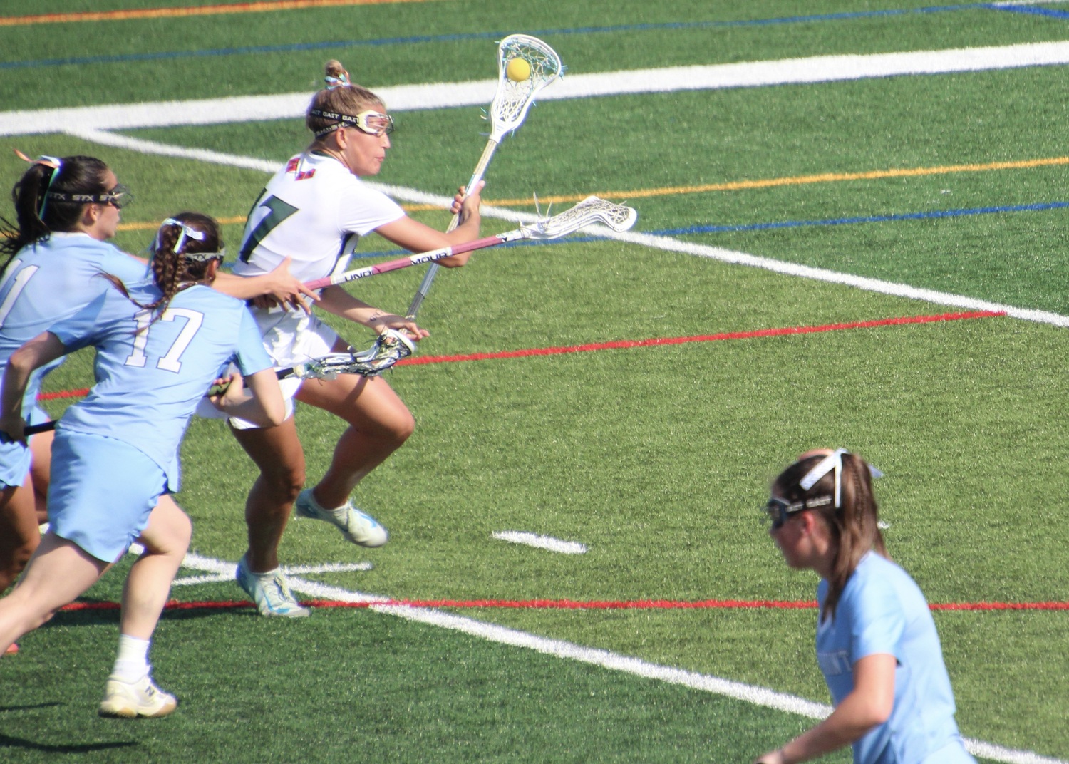 Senior midfielder Reese King races to the goal on a free position. MARY BEASLEY