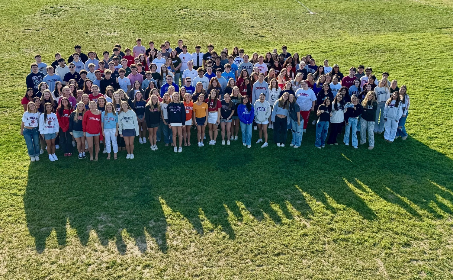 As a symbol of their commitment to the pursuit of higher education, the Westhampton Beach High School Class of 2025 wore the apparel of their college of choice on May 1. Students will be heading to several premier schools this fall, including Boston University, Cornell University, Clemson University, Georgetown University, Indiana University, Penn State, Stony Brook University, Virginia Tech and Yale University.  COURTESY WESTHAMTPON BEACH SCHOOL DISTRICT