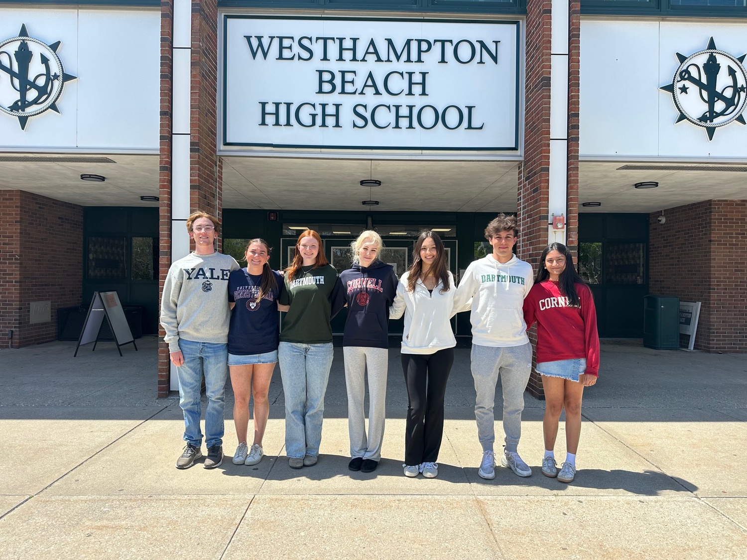 The Westhampton Beach High School Class of 2025 includes seven seniors who will be attending Ivy League schools. From left, Nicholas Borruso, Class of 2025 valedictorian, will be attending Yale to study neuroscience on a pre-med track; Maya Farnan, University of Pennsylvania to pursue cinema media studies; Abigail Curran, Dartmouth to study biomedical engineering; Valeria Nazaretski, Cornell to study sociology on a pre-law tract; Willow DuBrovin, Dartmouth to to study physics on a pre-med track; James Monserrate, Dartmouth to  study biology on a
pre-med track; and Fahtima Iqbal, Cornell to pursue a degree in human biology and health
and society. COURTESY WESTHAMPTON BEACH SCHOOL DISTRICT