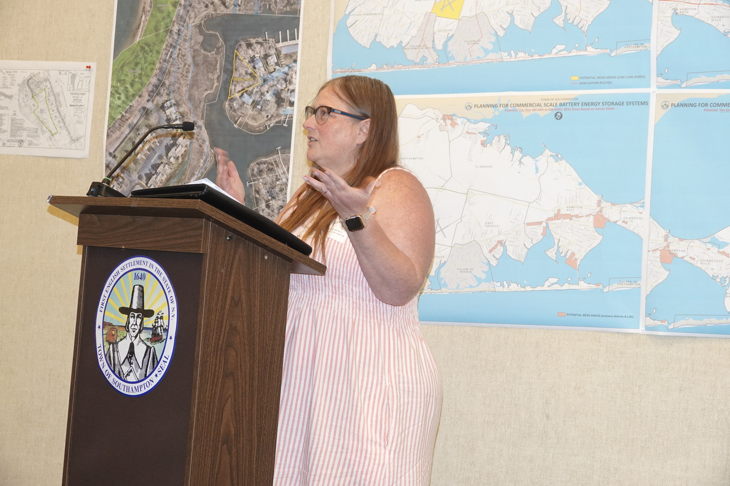 Angela Huneault, chairwoman of the Flanders Riverside Northampton Community Association questioned why the Southampton Town Board was reconstituting a citizens advisory committee for the three hamlets a decade after disbanding it because it was redundant with FRNCA. MICHAEL WRIGHT
