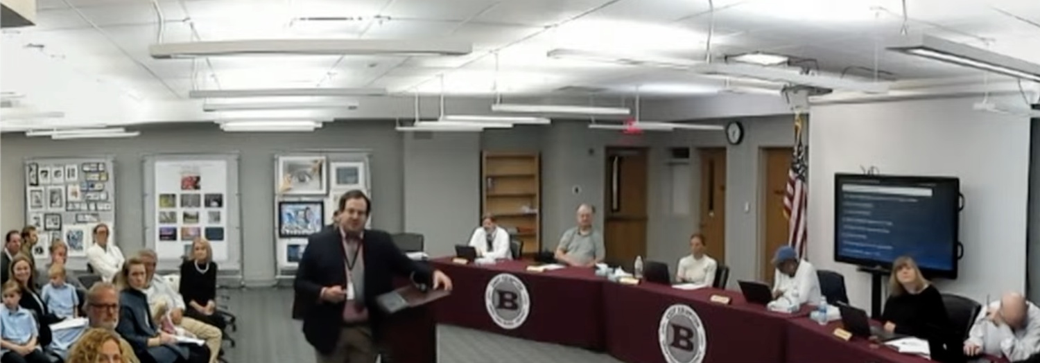 East Hampton Assistant Superintendent for Business Sam Schneider presents the 2025-26 school year budget being put out to voters during a budget hearing May 6.