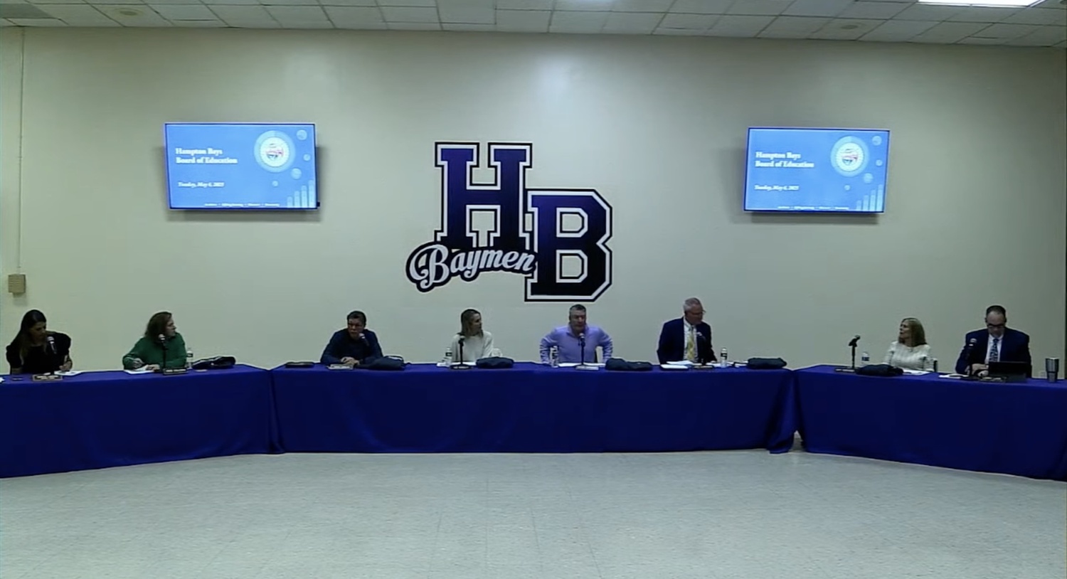 Hampton Bays's Board of Education discusses the adopted budget for the 2025-26 school year during a May 6 budget hearing.