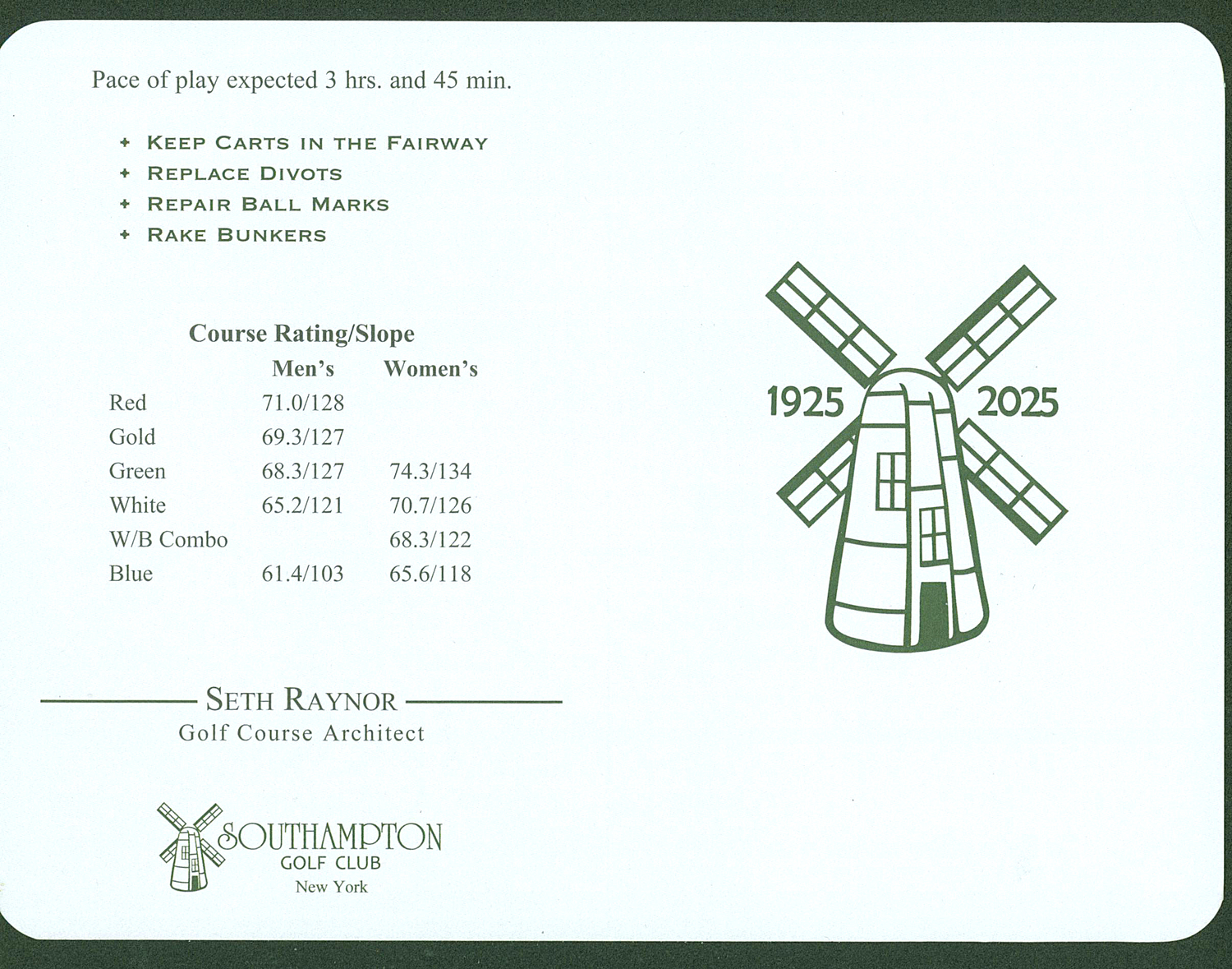 Details of the Southampton Golf Club on the scorecard.