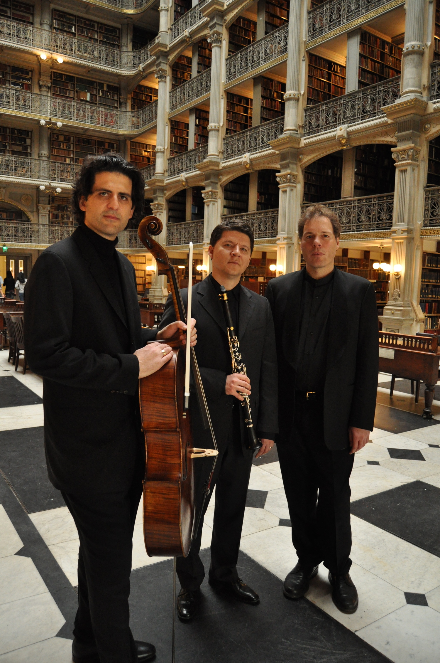 The Goldstein-Peled-Fiterstein Trio, cellist Amit Peled, clarinetist Alex Fiterstein and pianist Alon Goldstein, open Quogue Chamber Music's 2025 season with a concert on Saturday, June 14, at Quogue Community Hall. BRITT OLSEN-ECKER