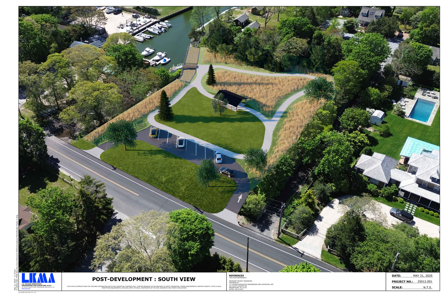 Southampton Town last week unveiled the plans for the design of the new waterfront park that will be created in the space once home to the notorious Bel-Aire Cove Motel in Hampton Bays, which the town purchased in 2018 to put an end to years of overcrowding and squalid living conditions.