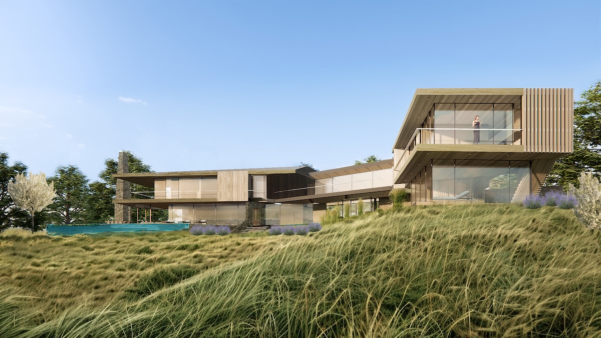 Conceptual rendering of 107 Startop Drive, a 7,000-square-foot residence, featuring sweeping views of surrounding agricultural reserve and extended panoramic views to the Atlantic Ocean, Block Island Sound and Montauk Lake beyond, as conceived by Martin Architects.  RENDERING BY MARTIN ARCHITECTS