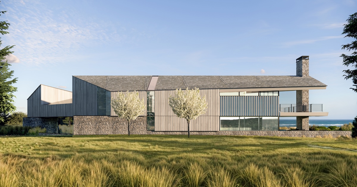 Conceptual rendering of 107 Startop Drive, a 7,000-square-foot residence, featuring sweeping views of surrounding agricultural reserve and extended panoramic views to the Atlantic Ocean, Block Island Sound and Montauk Lake beyond, as conceived by Martin Architects.  RENDERING BY MARTIN ARCHITECTS