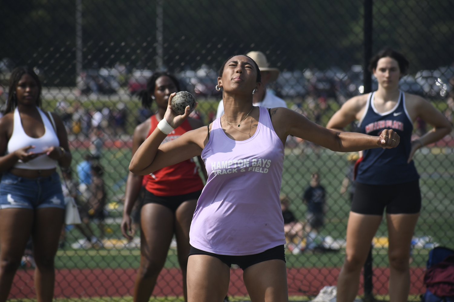 Hampton Bays senior Asha Pensa-Johnson in the shot put.   DREW BUDD