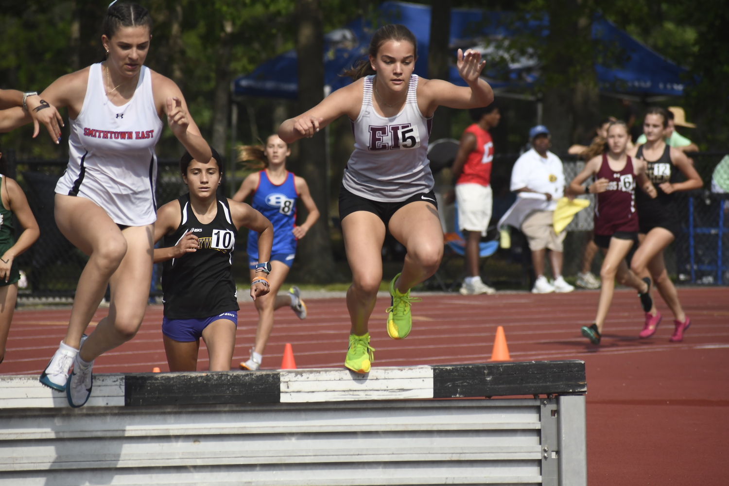Pierson senior Greylynn Guyer in the 2,000-meter steeplechase.   DREW BUDD