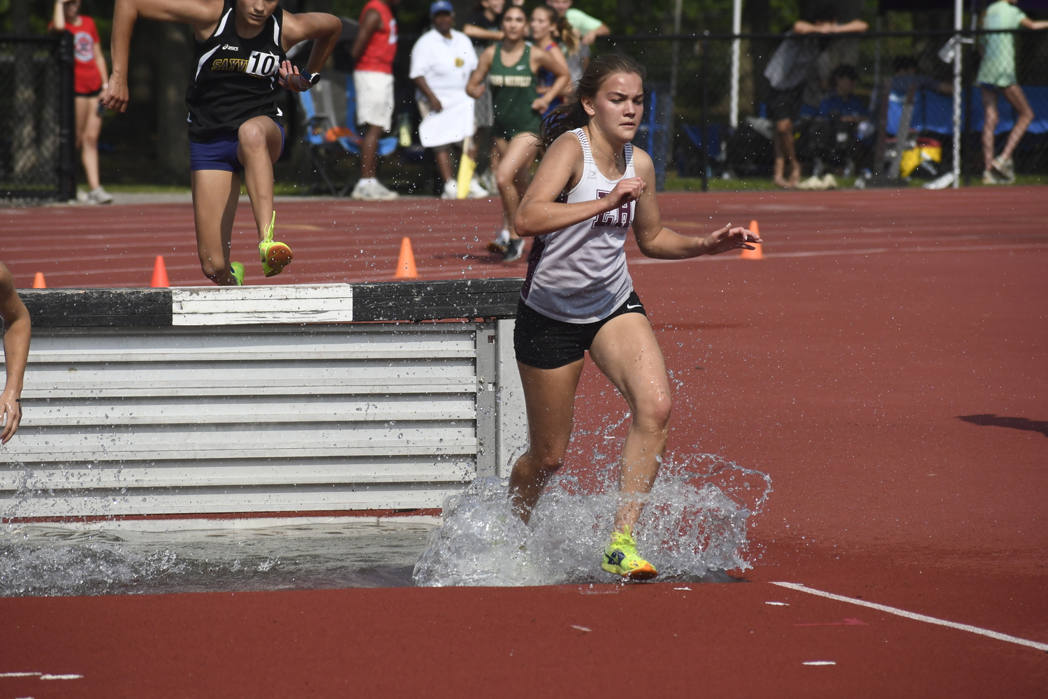 Pierson senior Greylynn Guyer in the 2,000-meter steeplechase.   DREW BUDD