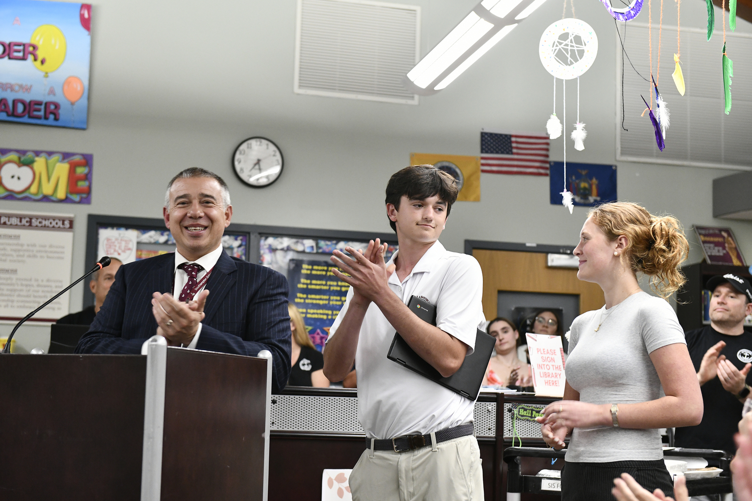 Southampton High School Principal Brian Zahn welcomes rising senior Noah Kent and rising junior Mateya Silvera — as ex-officio members, who will attend all public meetings, provide student feedback and raise relevant issues, as per new guidelines from the State Education Department.  DANA SHAW