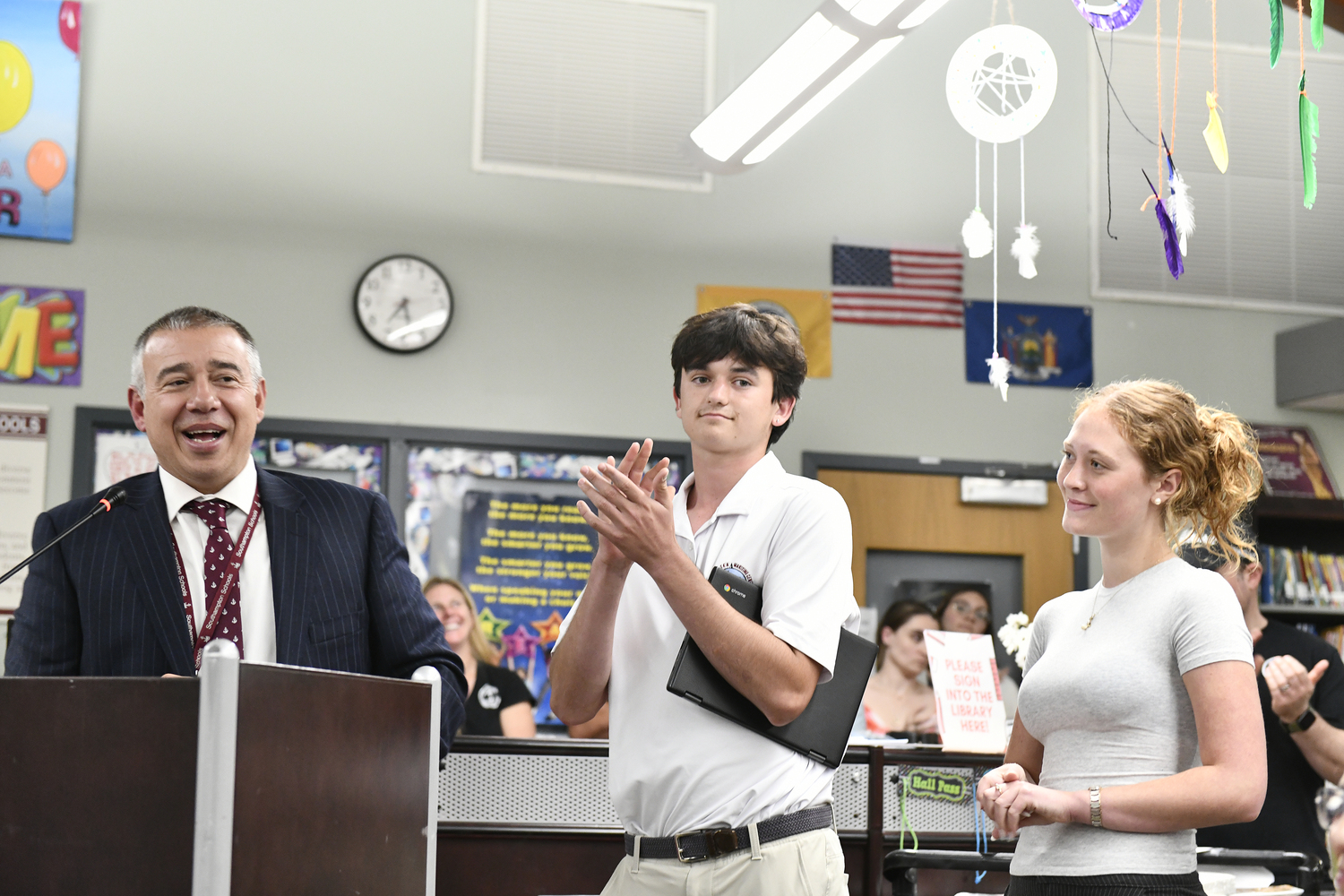 Southampton High School Principal Brian Zahn welcomes rising senior Noah Kent and rising junior Mateya Silvera — as ex-officio members, who will attend all public meetings, provide student feedback and raise relevant issues, as per new guidelines from the State Education Department.  DANA SHAW