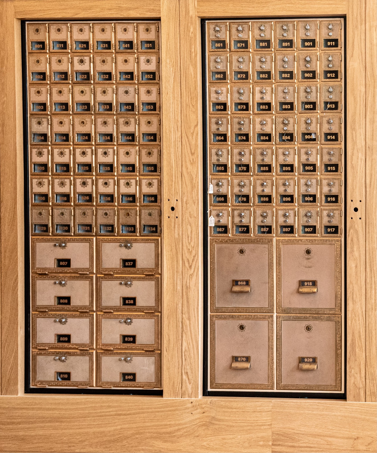Refurbished antique brass doors mounted in the “new” Sagaponack post office. COURTESY JAMES DEMARTIS